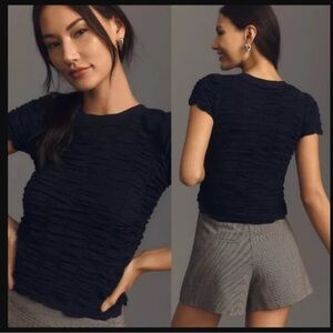 $68 NWT Anthropologie Ruched Baby Tee Black Top Shirt Medium